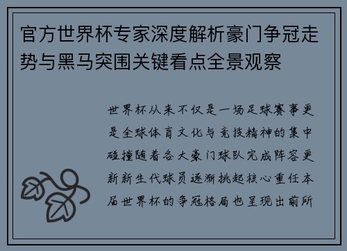 官方世界杯专家深度解析豪门争冠走势与黑马突围关键看点全景观察
