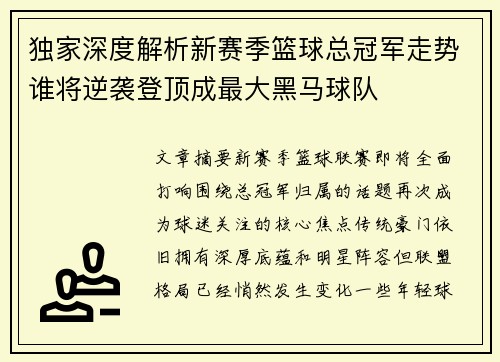 独家深度解析新赛季篮球总冠军走势谁将逆袭登顶成最大黑马球队
